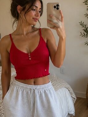 Lucky Brand Bright Red Ribbed Cami Crop Top with Button Detail
